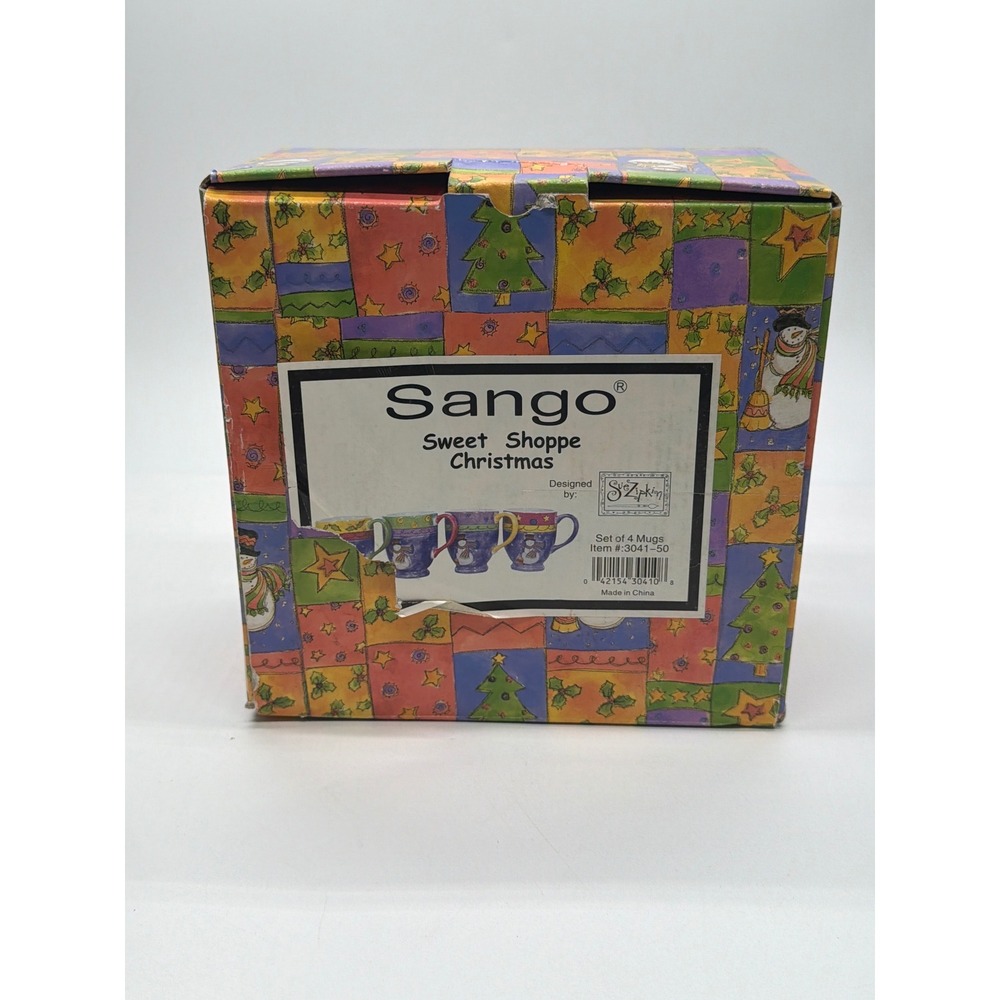 Sango Sweet Shoppe Christmas Set of 4 Mugs Sue Zipkin Snowman 3041-50 Ceramic